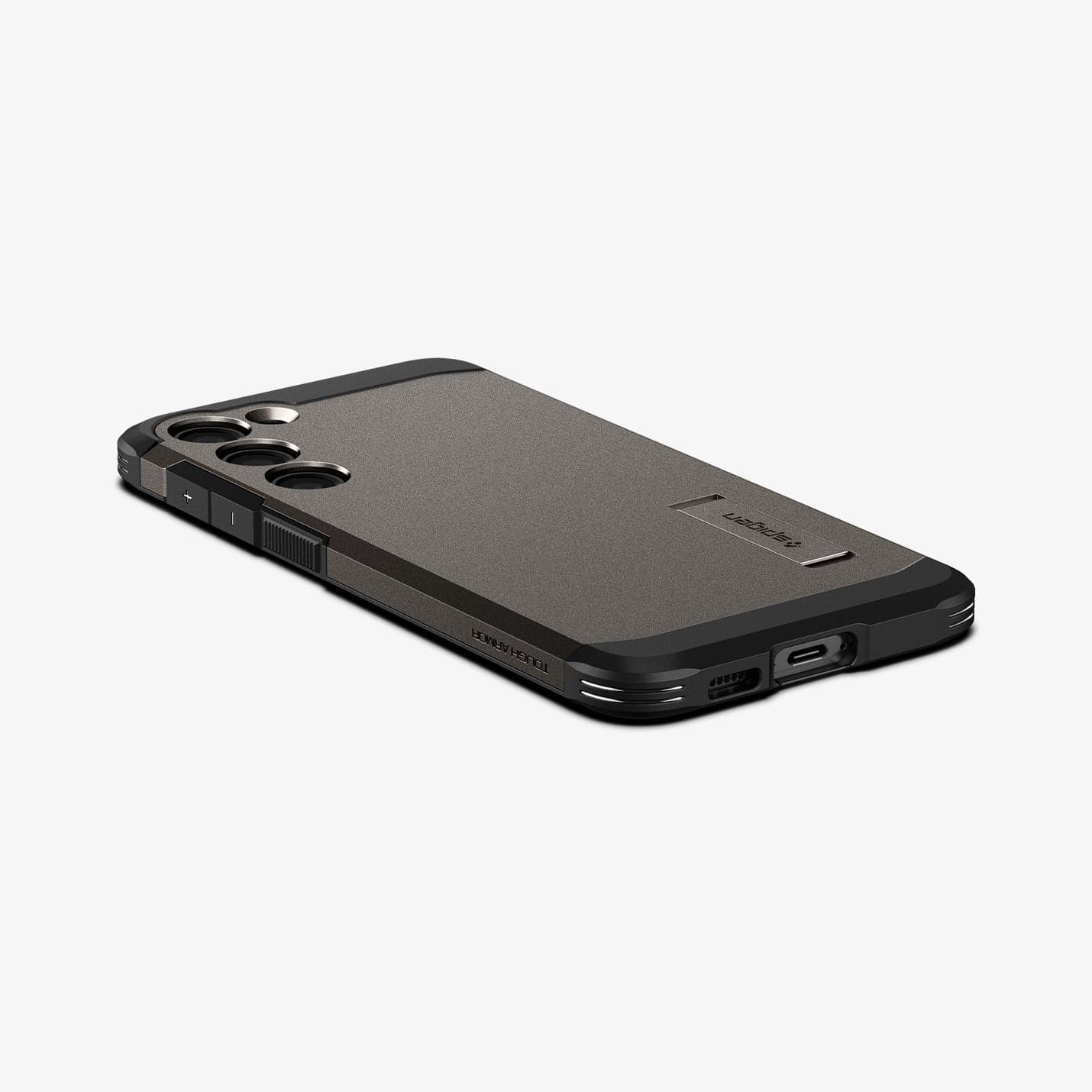 ACS05673 - Galaxy S23 Plus Case Tough Armor in gunmetal showing the back, side and bottom with device laying flat