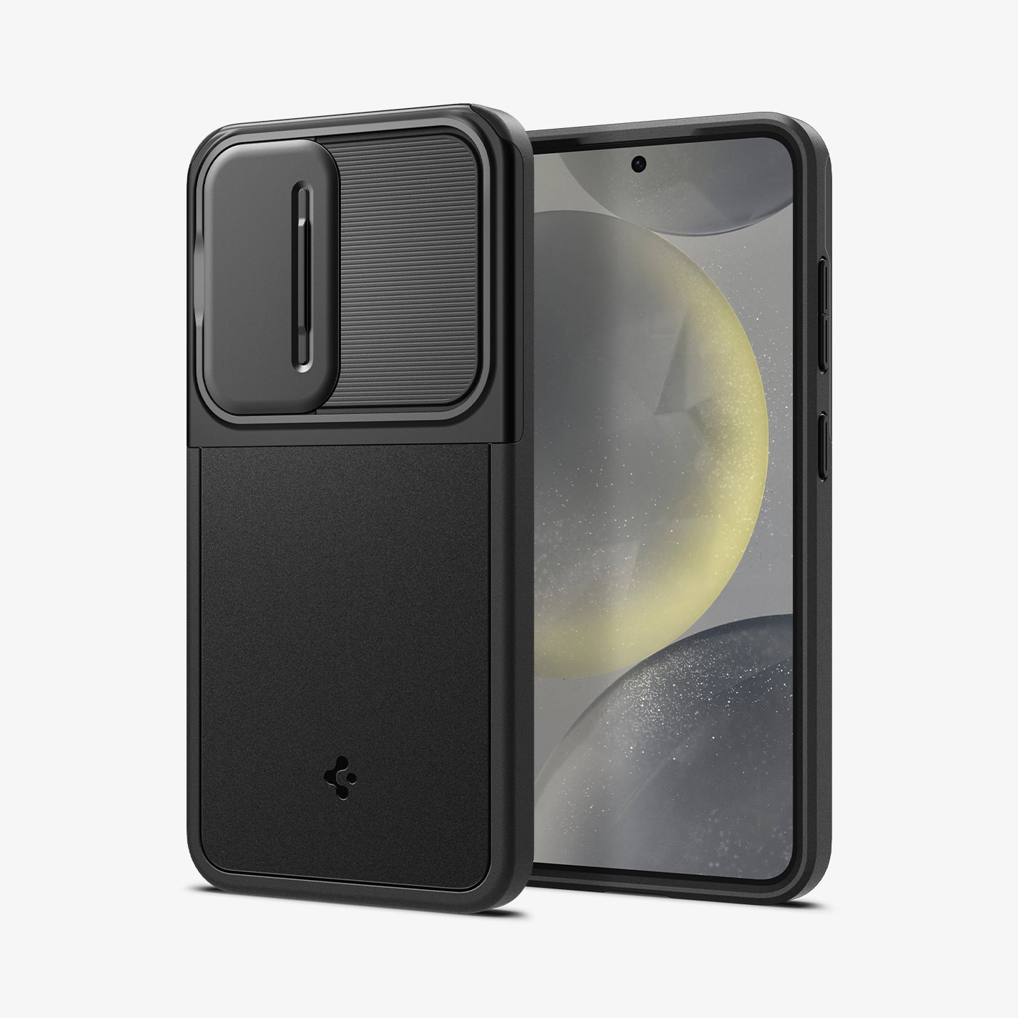 ACS07363 - Galaxy S24 Case Optik Armor in Black showing the back, partial side, beside it, a device showing front and partial side with side buttons, camera slider closed