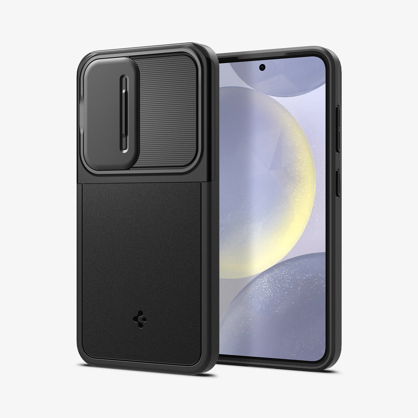 ACS07363 - Galaxy S24 Case Optik Armor in Black showing the back, partial side, beside it, a device showing front and partial side with side buttons, camera slider closed