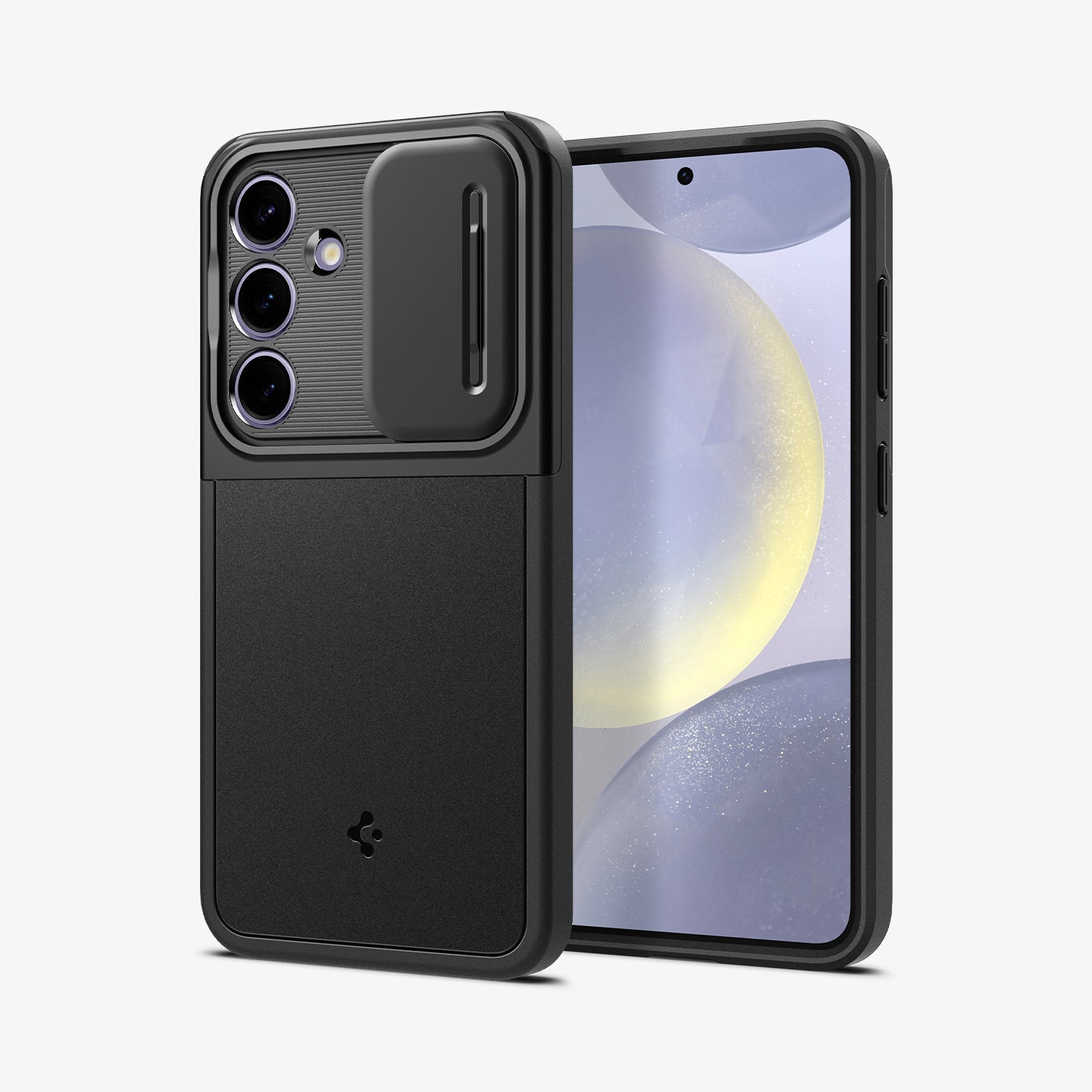 ACS07363 - Galaxy S24 Case Optik Armor in Black showing the back, partial side, beside it, a device showing front and partial side with side buttons, camera slider open
