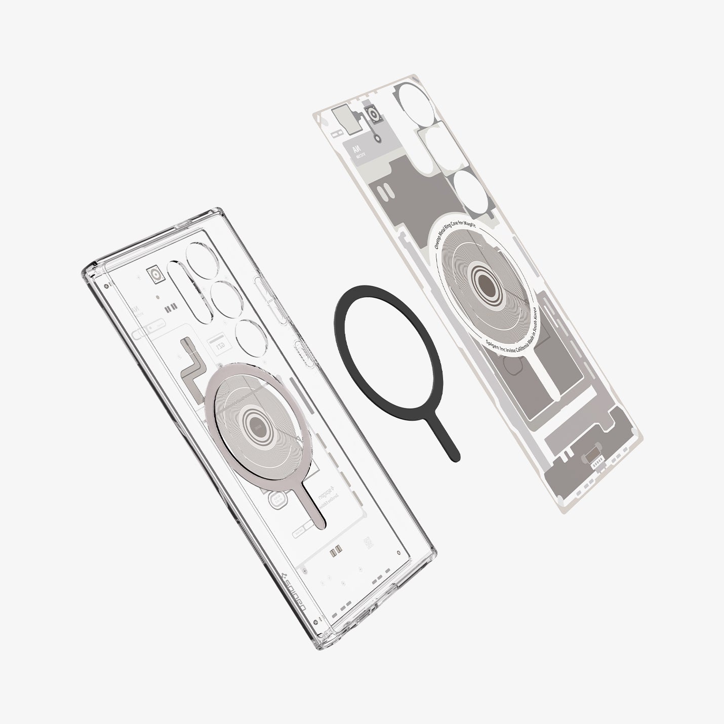 ACS07624 - Galaxy S24 Ultra Case Ultra Hybrid Metal Ring Zero One (MagFit) in Natural Titanium showing the inner part hovering above the detached metal ring and back case