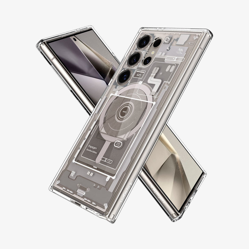 ACS07624 - Galaxy S24 Ultra Case Ultra Hybrid Metal Ring Zero One (MagFit) in Natural Titanium showing the back, partial side, behind it another device showing partial front and side