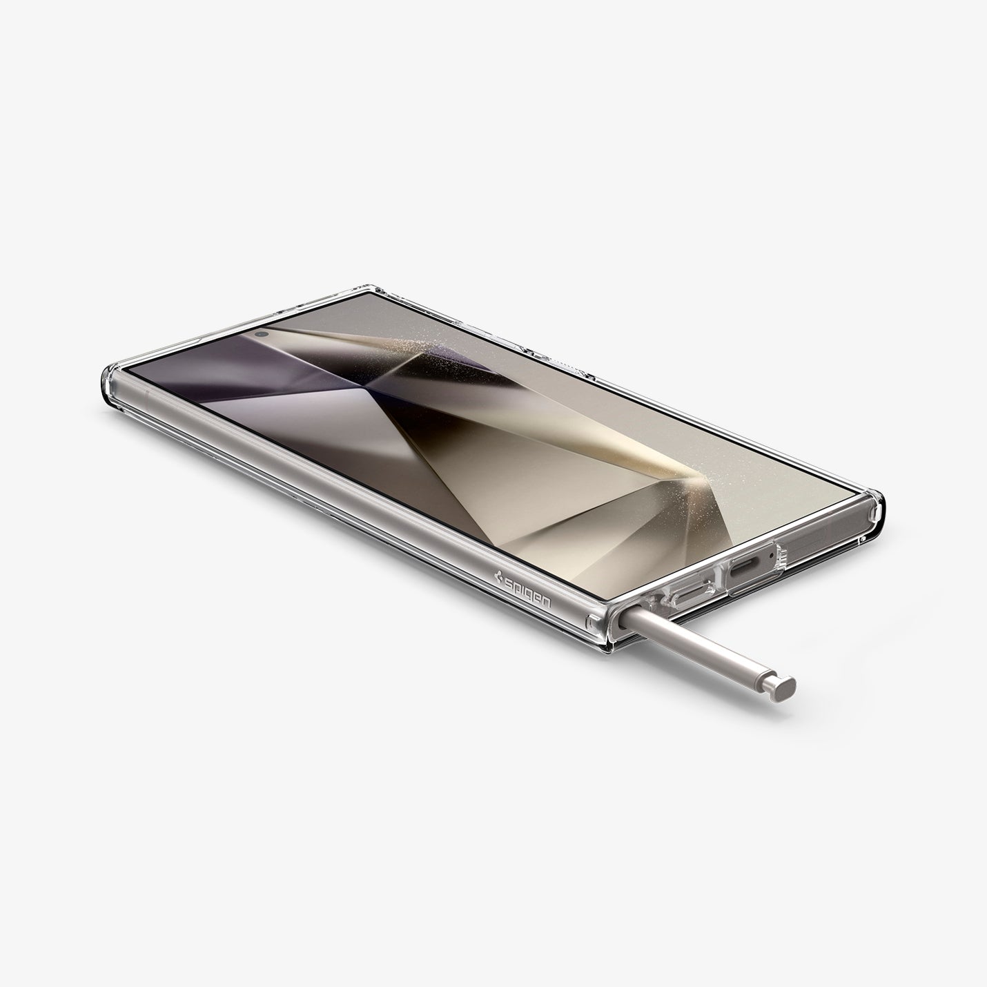 ACS07624 - Galaxy S24 Ultra Case Ultra Hybrid Metal Ring Zero One (MagFit) in Natural Titanium showing the front, partial sides and stylus pen sticking out on a flat surface