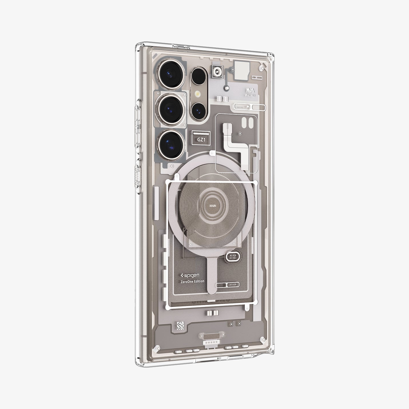 ACS07624 - Galaxy S24 Ultra Case Ultra Hybrid Metal Ring Zero One (MagFit) in Natural Titanium showing the back and partial side