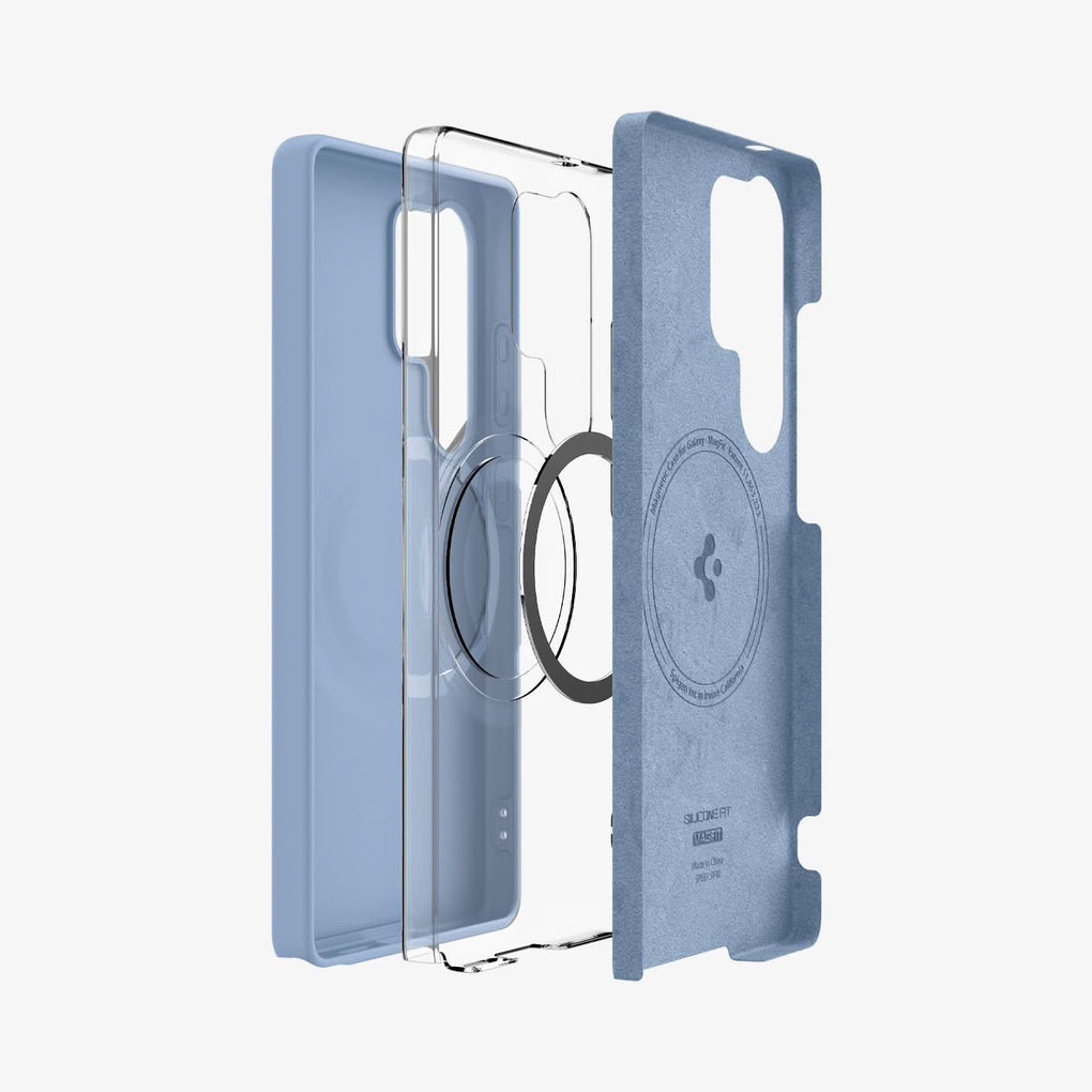 ACS09018 - Galaxy S25 Ultra Case Silicone Fit (MagFit + Qi2 Ready) in Sapphire Blue showing the soft inner layer aligning in front of the detached metalring, 2nd layer and back cover of the case