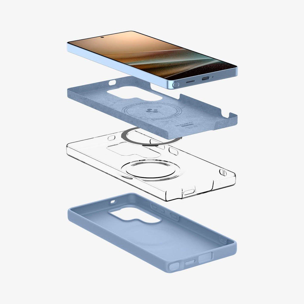 ACS09018 - Galaxy S25 Ultra Case Silicone Fit (MagFit + Qi2 Ready) in Sapphire Blue showing the device hovering above the soft inner layer, detached metalring 2nd layer and back cover of the case