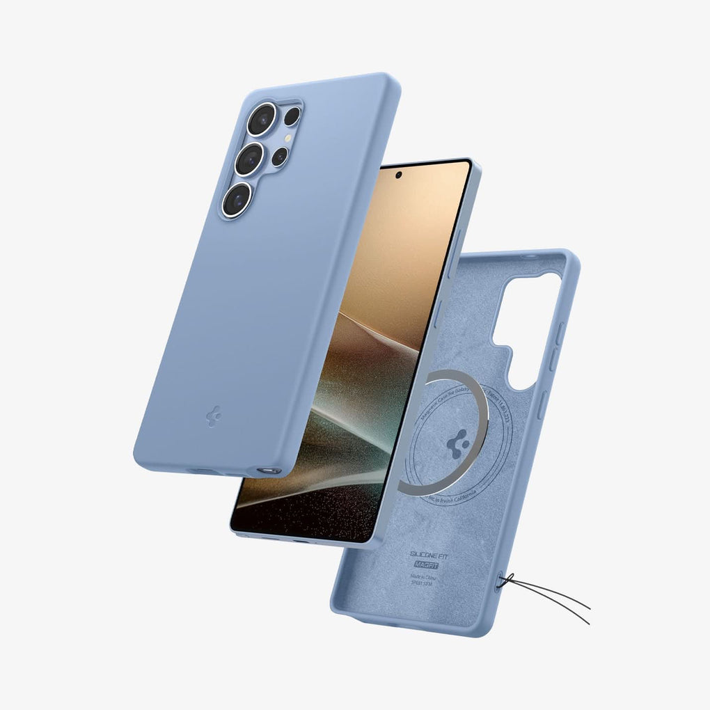 ACS09018 - Galaxy S25 Ultra Case Silicone Fit (MagFit + Qi2 Ready) in Sapphire Blue showing the back hovering above the partial front of the device, detached metal ring and back cover of the device