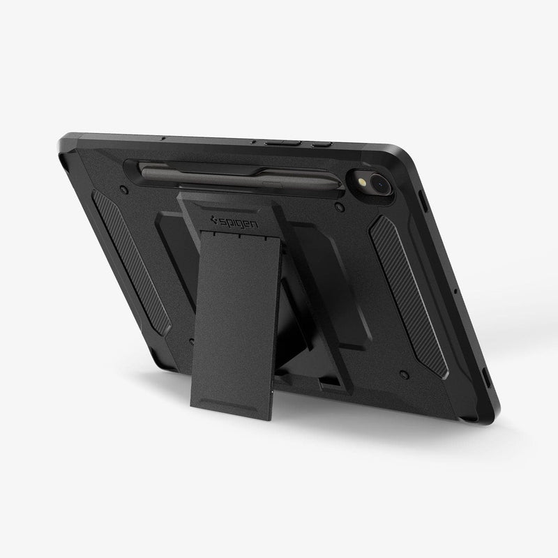 ACS06837 - Galaxy Tab S9 Case Tough Armor Pro in black showing the back with device propped up by built in kickstand