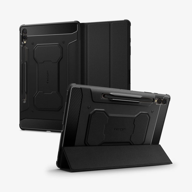 ACS06539 - Galaxy Tab S9+ Case Rugged Armor Pro in black showing the back, front and device propped up by built in kickstand