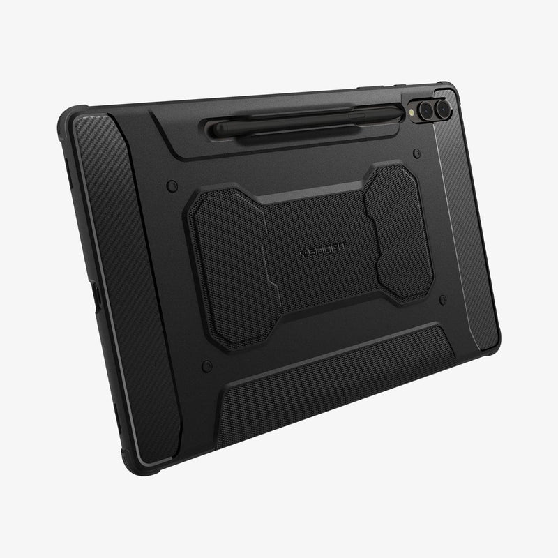 ACS06539 - Galaxy Tab S9+ Case Rugged Armor Pro in black showing the back and bottom with pen in slot