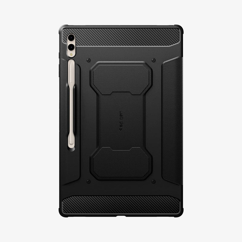 ACS06538 - Galaxy Tab S9 Ultra Case Rugged Armor Pro in black showing the back with pen in slot