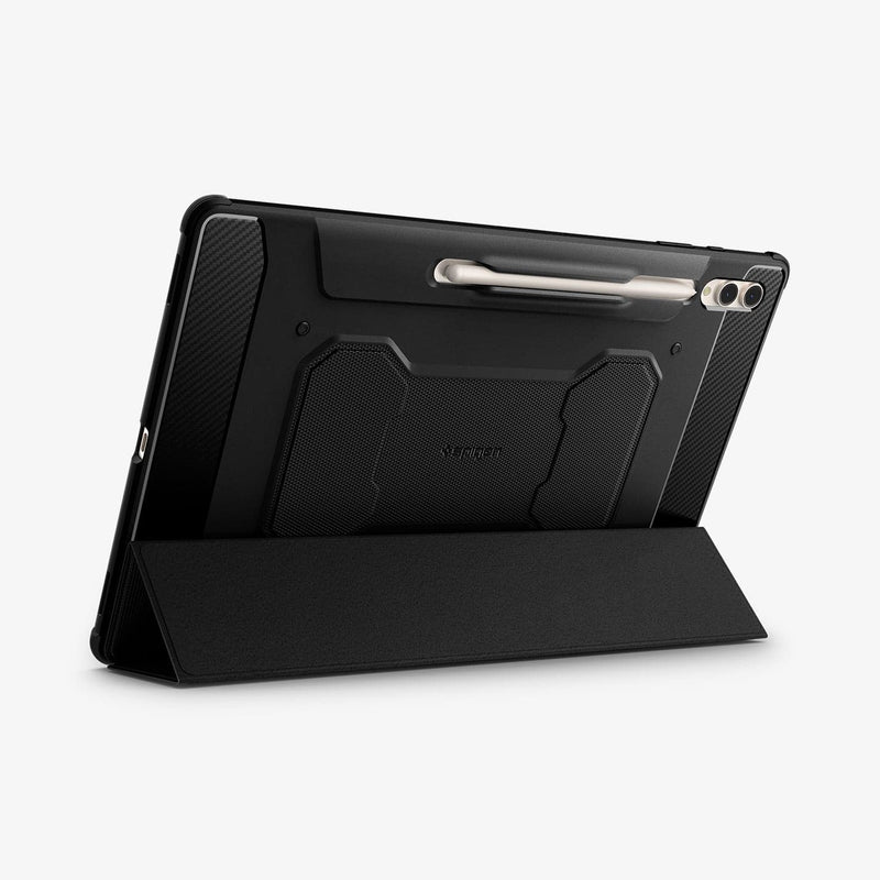 ACS06538 - Galaxy Tab S9 Ultra Case Rugged Armor Pro in black showing the back with device propped up by built in kickstand