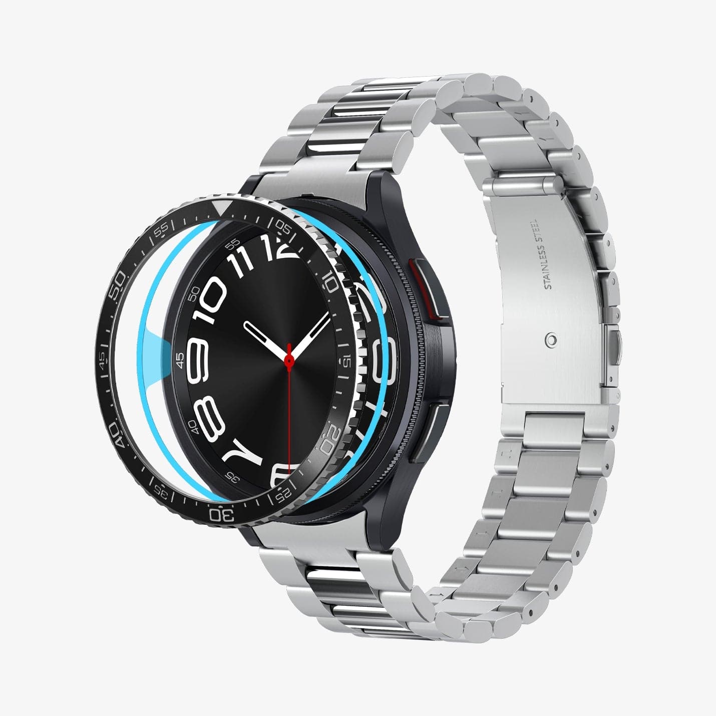 ACS06863 - Galaxy Watch 6 Classic (43mm) Bezel Tune in black showing the front and partial side