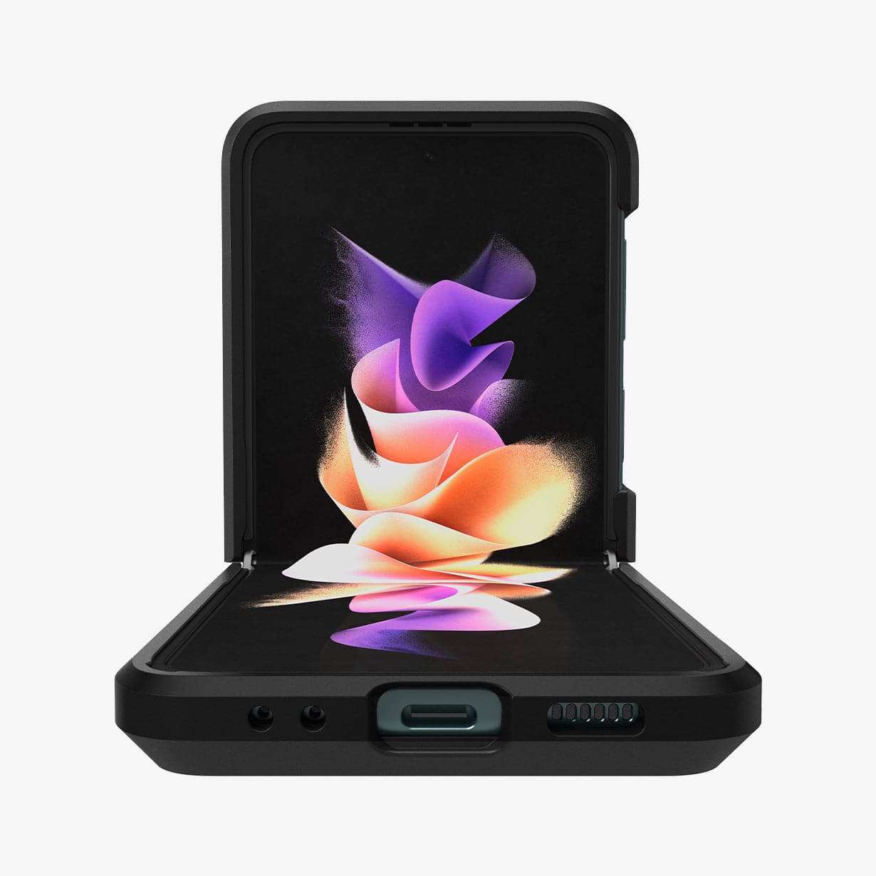 ACS03082 - Galaxy Z Flip 3 Case Tough Armor in black showing the inside and bottom with device halfway open