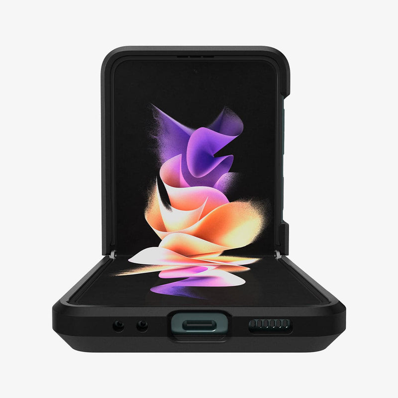 ACS03082 - Galaxy Z Flip 3 Case Tough Armor in black showing the inside and bottom with device halfway open
