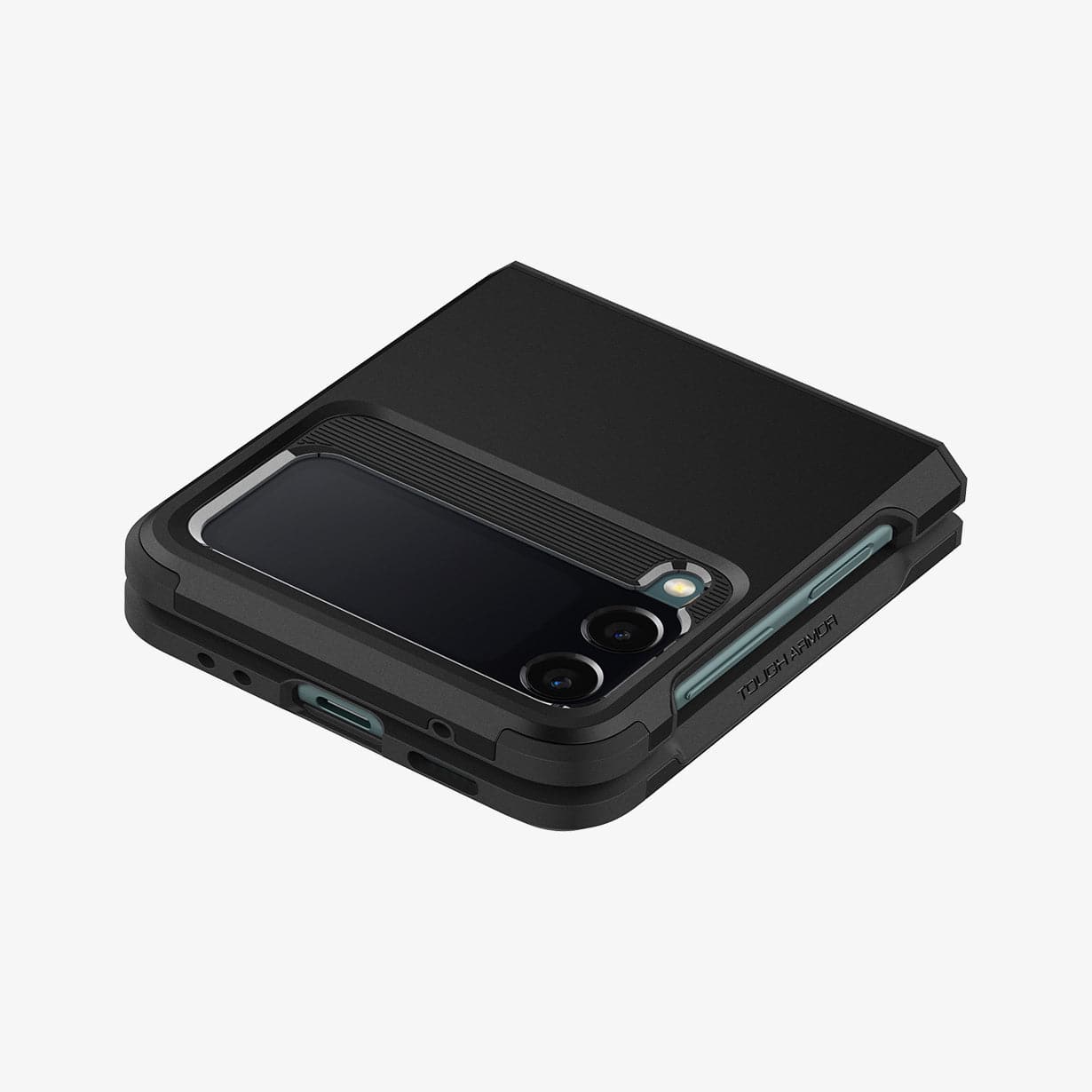 ACS03082 - Galaxy Z Flip 3 Case Tough Armor in black showing the back, side, top and bottom with device fully closed