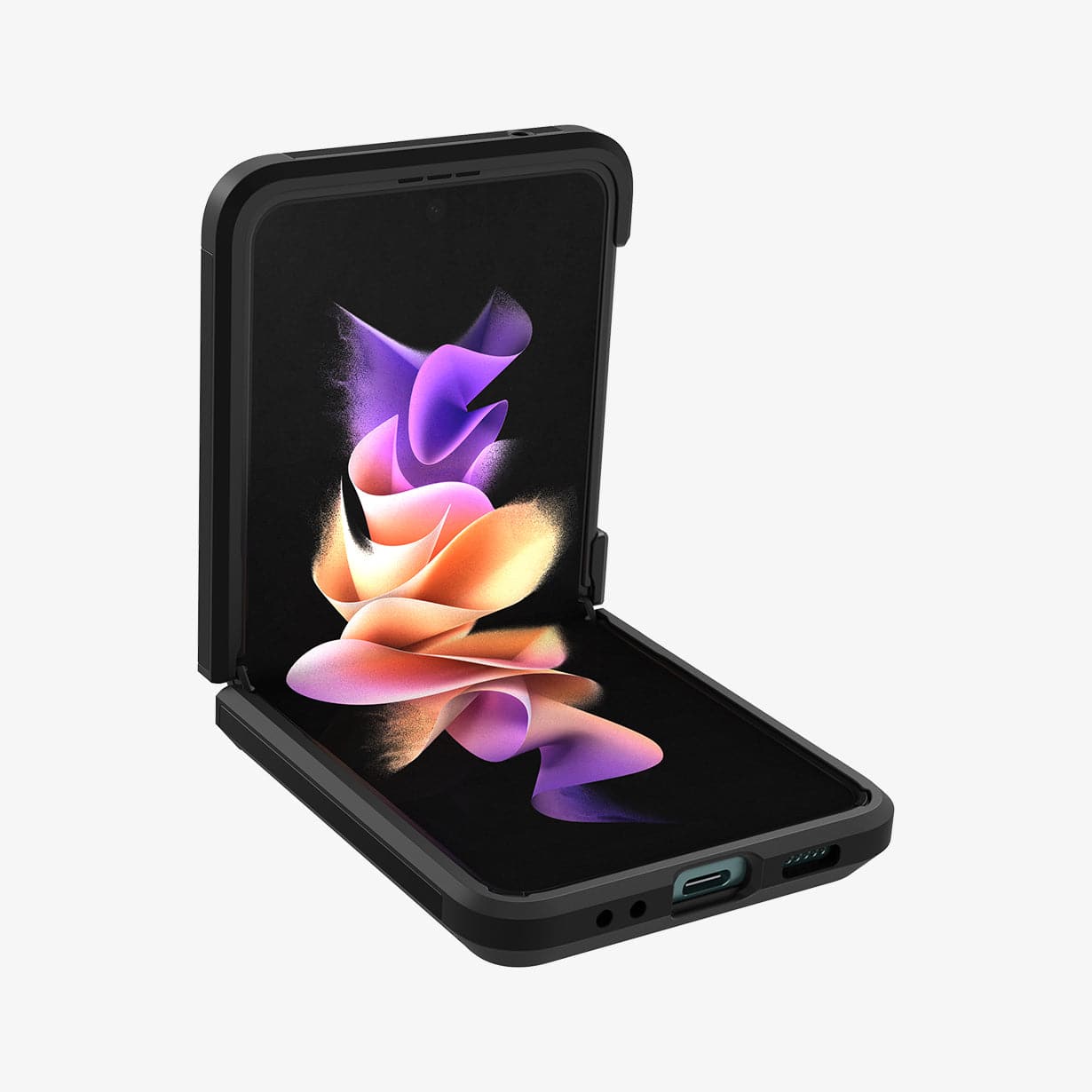 ACS03082 - Galaxy Z Flip 3 Case Tough Armor in black showing the inside and bottom with device halfway open
