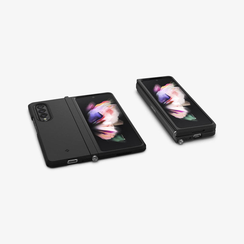 ACS03410 - Galaxy Z Fold 3 Case Neo Hybrid S in black showing the device closed with case and open with case