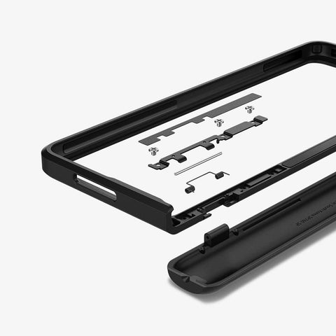 ACS03078 - Galaxy Z Fold 3 Case Slim Armor Pro in black showing the mechanical components of the hinge