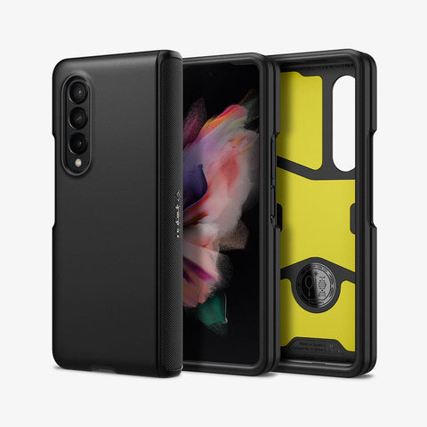 ACS03078 - Galaxy Z Fold 3 Case Slim Armor Pro in black showing the back, front and inside