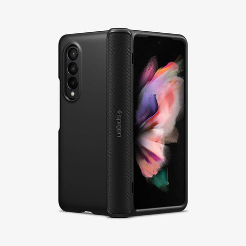 ACS03078 - Galaxy Z Fold 3 Case Slim Armor Pro in black showing the back and front with phone partially opened up
