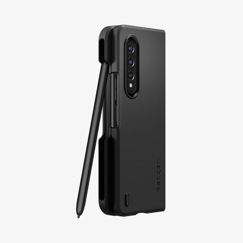 ACS03688 - Galaxy Z Fold 3 Case Thin Fit Pro in black showing the back and side with pen leaned up against pen slot