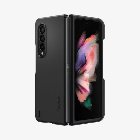 ACS03688 - Galaxy Z Fold 3 Case Thin Fit Pro in black showing the back, front and hinge with device in case