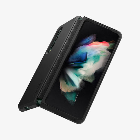 ACS03077 - Galaxy Z Fold 3 Case Tough Armor in black showing the back, spine, front, and partial bottom