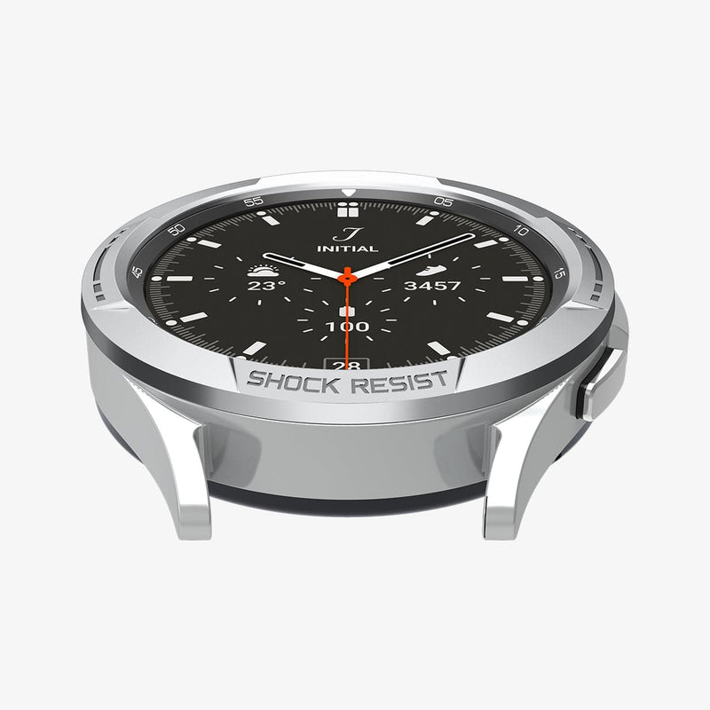 AMP04273 - Galaxy Watch 4 Classic (46mm) Chrono Shield in silver showing the front and bottom of watch face