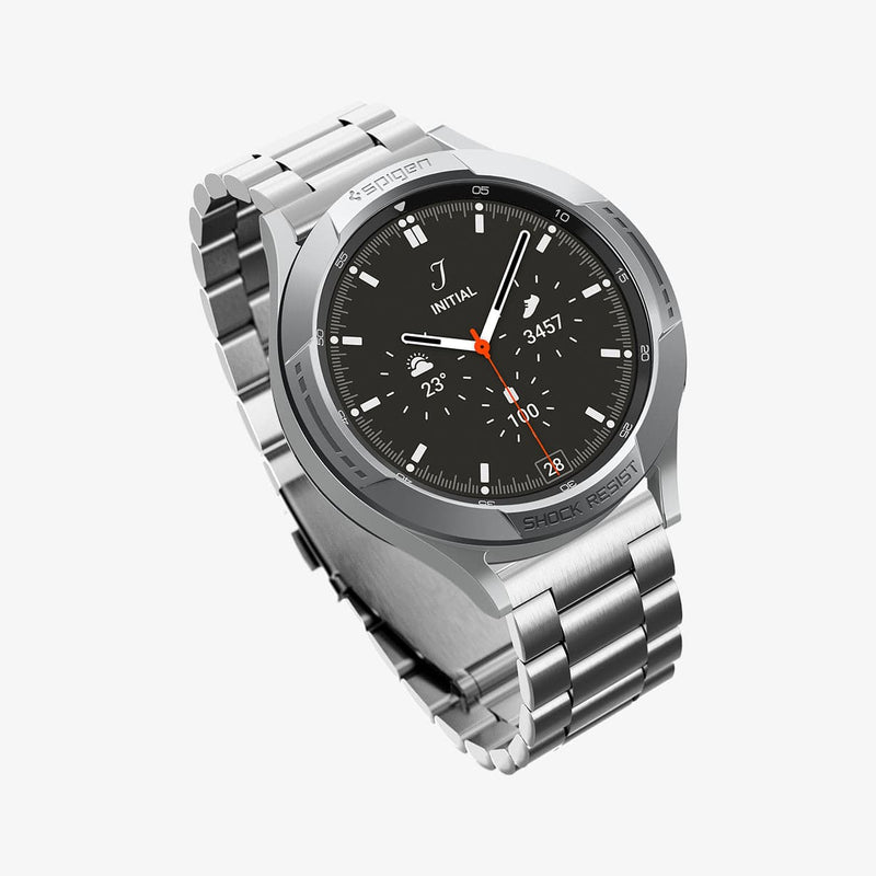 AMP04273 - Galaxy Watch 4 Classic (46mm) Chrono Shield in silver showing the front and side