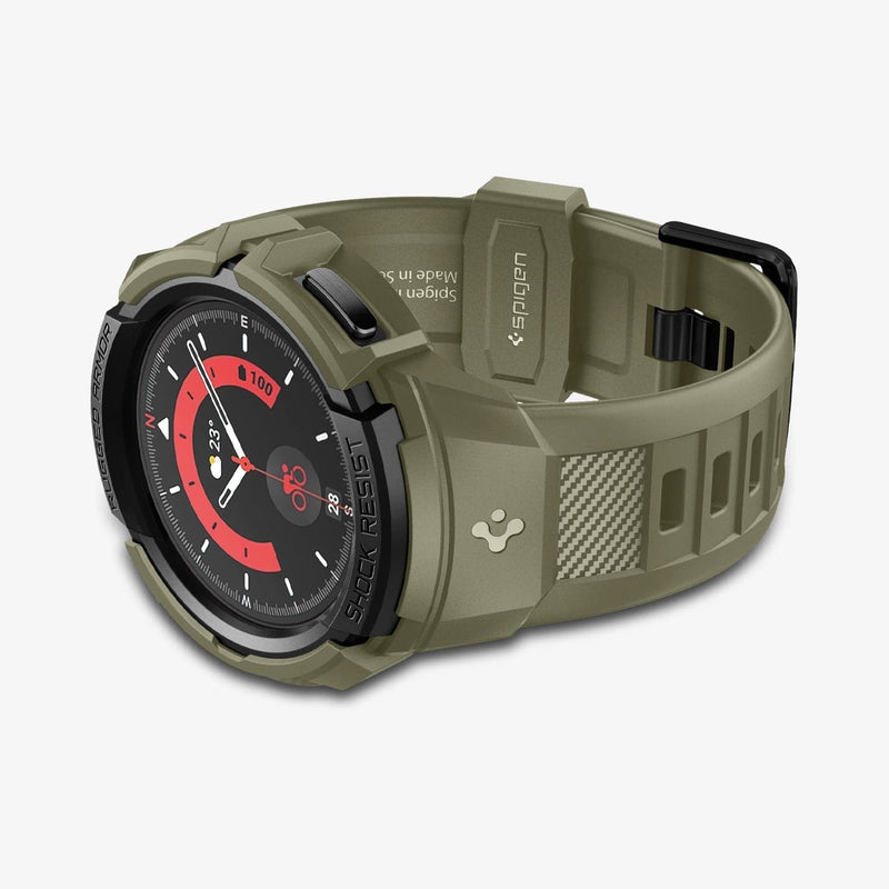 ACS05913 - Galaxy Watch 5 Pro (45mm) Case Rugged Armor Pro in vintage khaki showing the front and bottom with watch laid on its side
