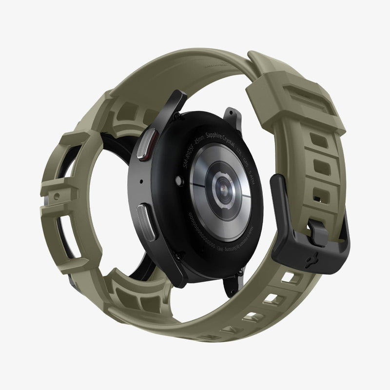 ACS05913 - Galaxy Watch 5 Pro (45mm) Case Rugged Armor Pro in vintage khaki showing the back with watch face hovering away from band