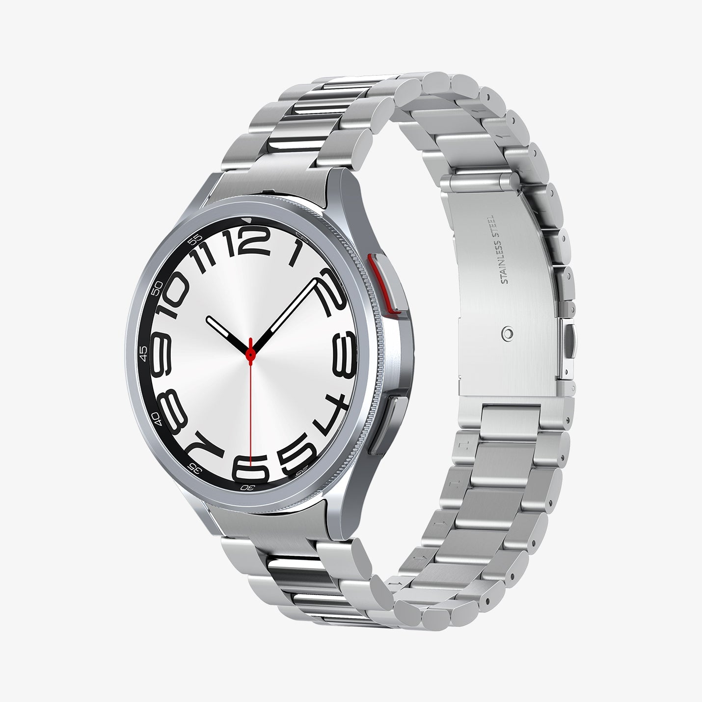AMP06489 - Watch 6 Classic (47mm) Modern Fit 316L Band in Silver showing the front, side and inner side of the watch strap