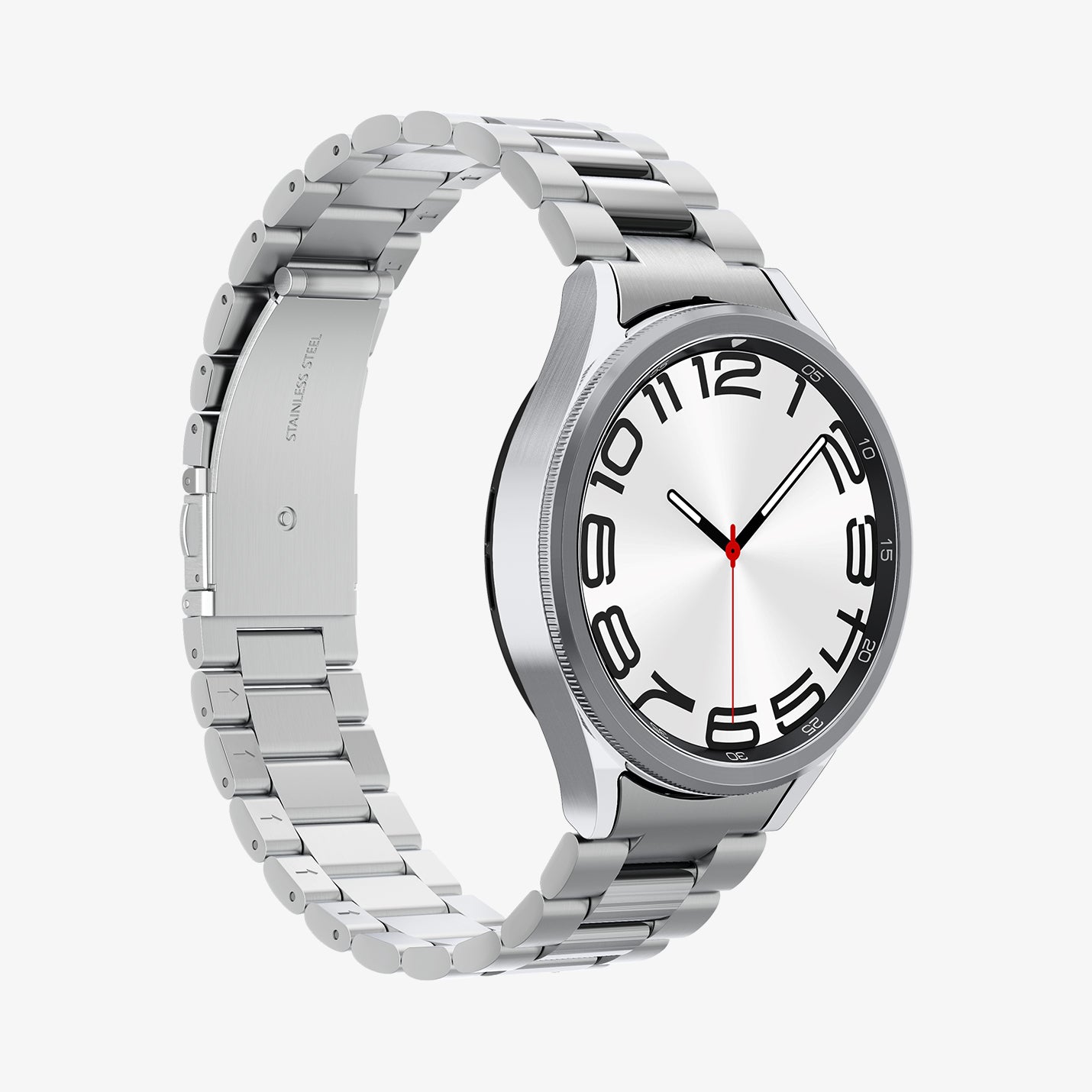 AMP06489 - Watch 6 Classic (47mm) Modern Fit 316L Band in Silver showing the front, partial side and inner side of the watch strap