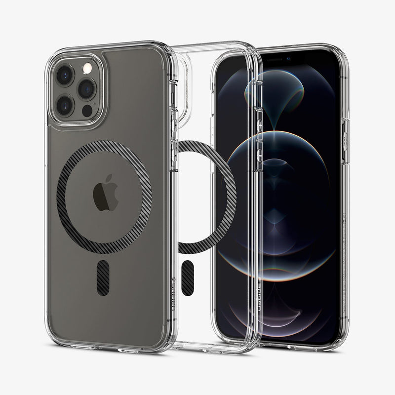 ACS04083 - iPhone 12 / 12 Pro Case Ultra Hybrid Mag (MagFit) in carbon fiber showing the back, inside and front