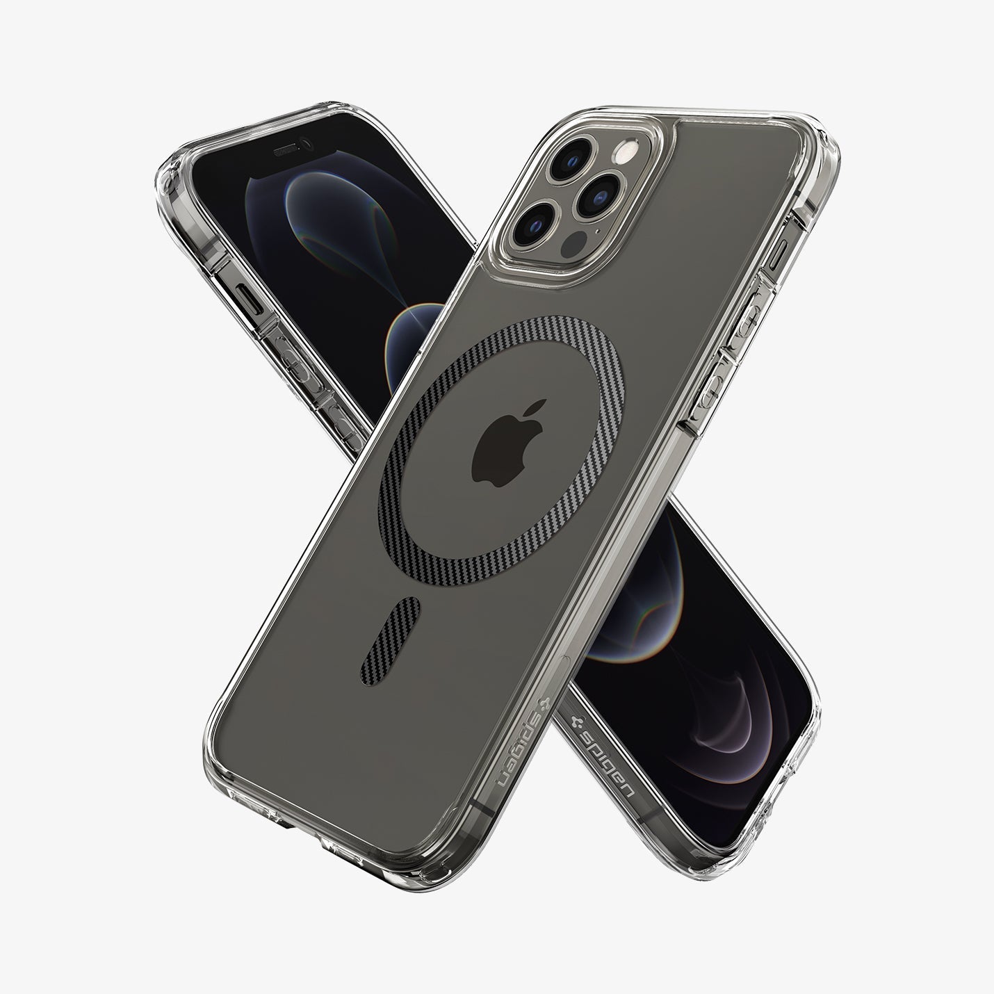 ACS04083 - iPhone 12 / 12 Pro Case Ultra Hybrid Mag (MagFit) in carbon fiber showing the back, front and sides