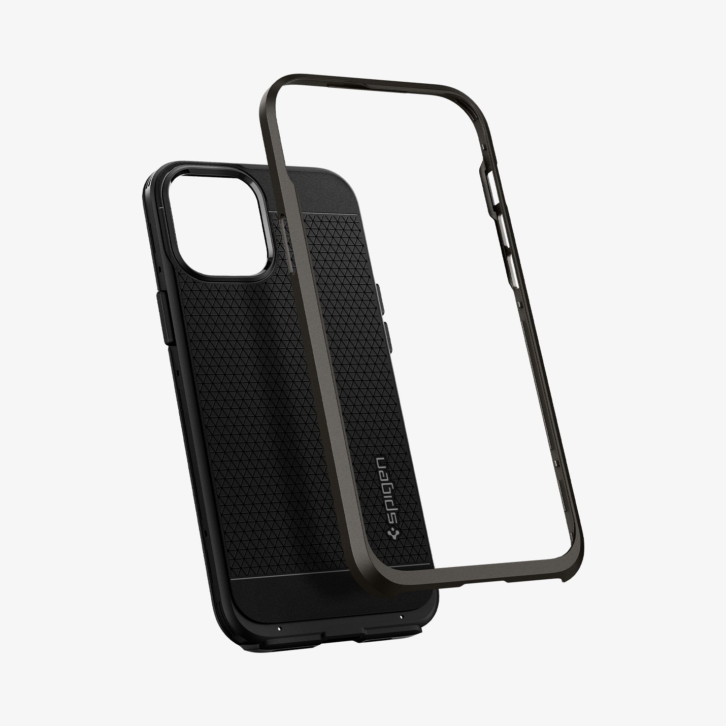 ACS01627 - iPhone 12 Pro Max Case Neo Hybrid in gunmetal showing the back with hard pc hovering away from soft tpu