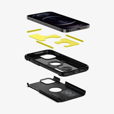 ACS01626 - iPhone 12 Pro Max Case Tough Armor in black showing the hard pc, soft tpu, impact foam and device