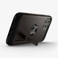 ACS01625 - iPhone 12 Pro Max Case Tough Armor in gunmetal showing the back and bottom with device propped up by built in kickstand