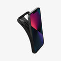 ACS03314 - iPhone 13 Mini Case Rugged Armor in matte black showing the back bending away from device to show the flexibility