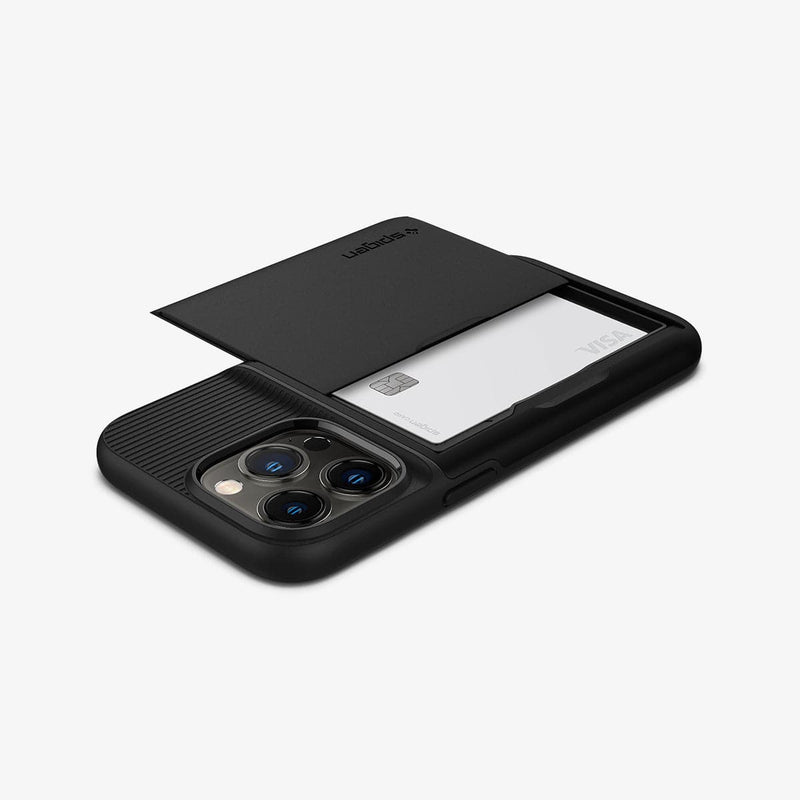 ACS03274 - iPhone 13 Pro Case Slim Armor CS in black showing the back, side and top with card in slot