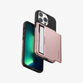 ACS03275 - iPhone 13 Pro Case Slim Armor CS in rose gold showing the back, front and sides with card in slot