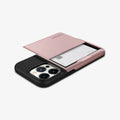 ACS03275 - iPhone 13 Pro Case Slim Armor CS in rose gold showing the back, side and top with card in slot