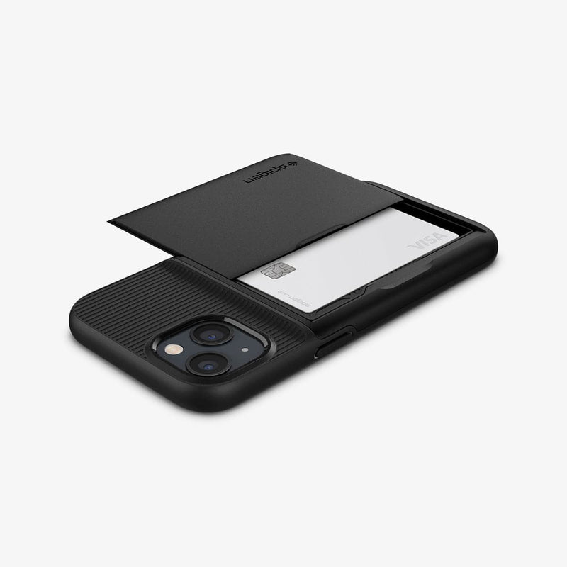 ACS03536 - iPhone 13 Case Slim Armor CS in black showing the back, side and top with card in slot