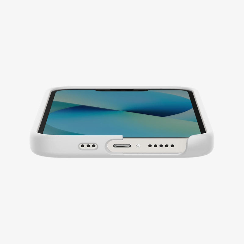 ACS03340 - iPhone 13 Mini Case Silicone Fit in white showing the bottom and partial front