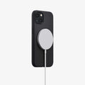 ACS04089 - iPhone 13 Case Silicone Fit MagSafe Compatible in black showing the back and partial side with mag charger connected