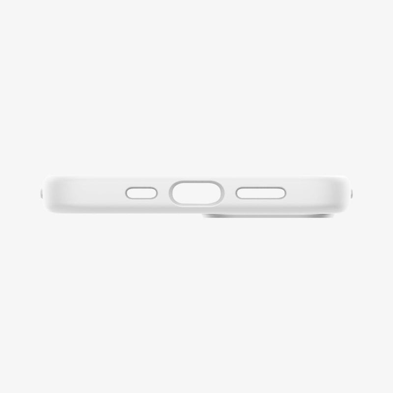 ACS04090 - iPhone 13 Case Silicone Fit MagSafe Compatible in white showing the bottom with precise cutouts