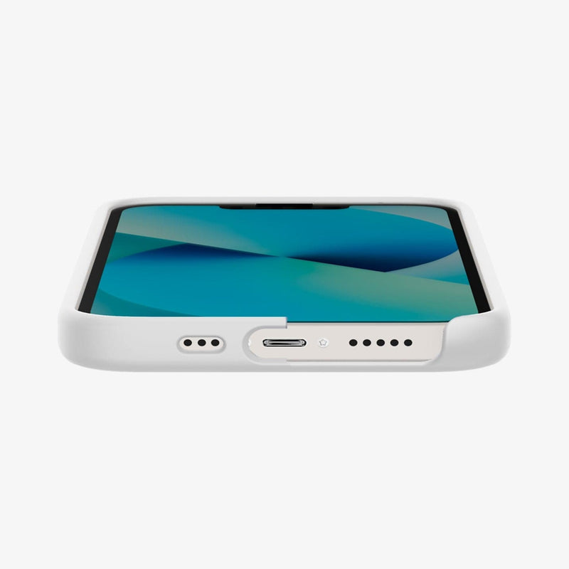 ACS04090 - iPhone 13 Case Silicone Fit MagSafe Compatible in white showing the bottom and partial front