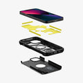ACS03539 - iPhone 13 Case Tough Armor in black showing the hard pc, flexible tpu, impact foam, and device