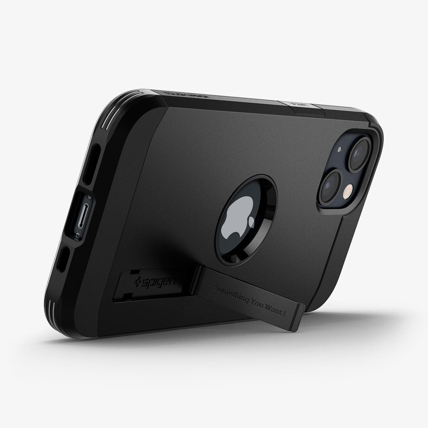 ACS03539 - iPhone 13 Case Tough Armor in black showing the bottom and back with kickstand out